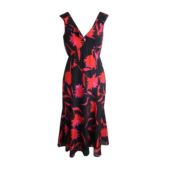 Saloni Holly Printed Sleeveless Dress in Black and Red Silk